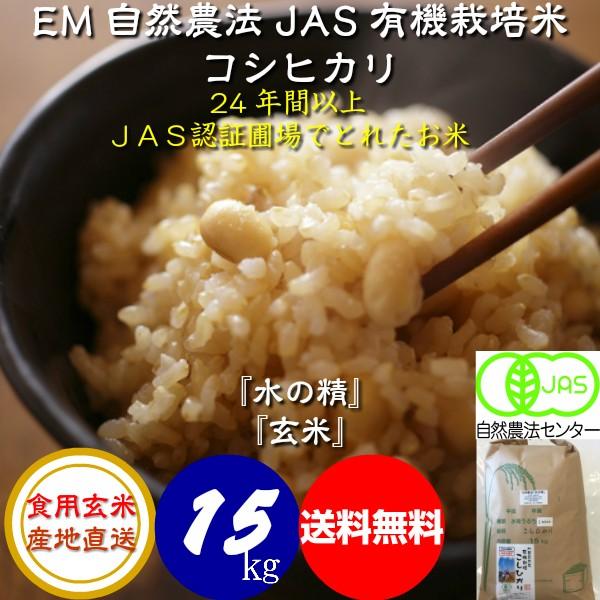 令和5年産 新米 無農薬 有機米 コシヒカリ 食用玄米 １５ｋｇ 水の精 ＪＡＳ認証 ＥＭ自然農法