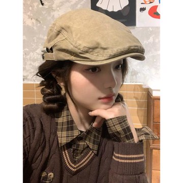 日系復古牛仔前進帽女春夏休閑百搭大頭圍反戴貝雷帽顯臉小報童帽