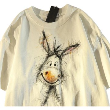 美式復古潦草插畫小毛驢短袖男女t恤夏2025新款寬松慵懶chic上衣