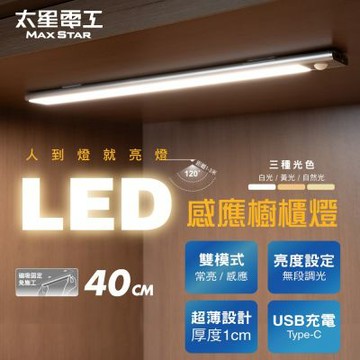 太星電工 LED感應櫥櫃燈40CM 白光/黃光/自然光 超薄磁吸 無段調光 (常亮/感應)USB充電