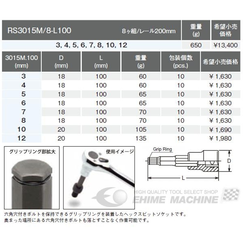 コーケン 9.5sq. ヘックスビットソケット（グリップリング付） 3015M-L100-7 Ko-ken 工具 【ネコポス対応】  LINEショッピング