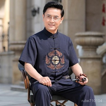 新款唐裝男中老年爸爸短袖夏裝老人夏季爺爺唐裝中國風套裝晨練服 爸爸短袖套裝 爸爸套裝 唐裝 中國風 冰絲套裝 爸爸裝