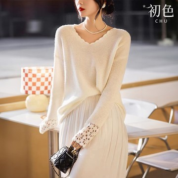 初色 純色鏤空花邊V領長袖針織衫上衣女上衣-共3色-37301(F可選)