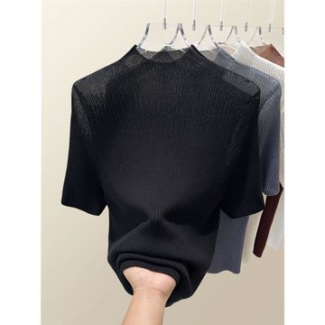 夏季新款鏤空半高領網紗蕾絲短袖t恤上衣女裝韓系穿搭冰絲針織衫