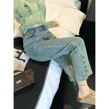 直筒牛仔褲女春秋款小個子開叉九分褲高腰直筒煙管褲復古顯瘦褲子