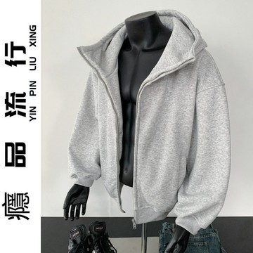春秋新款黑色高領重磅連帽衛衣男美式復古高街痞帥感帽衫拉鏈外套