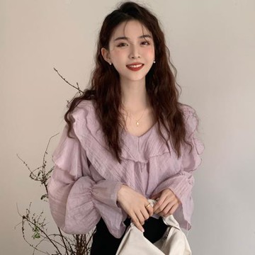 韓國chic春季小眾香芋紫荷葉邊V領寬松喇叭袖微透防曬襯衫上衣女