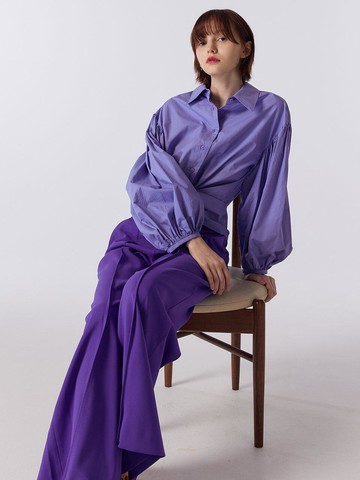 Balloon Sleeve Button Front Blouse [PURPLE]