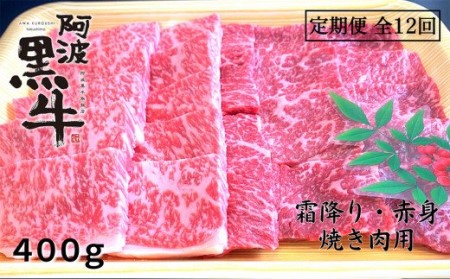 定期便12回 阿波黒牛 霜降り 赤身（焼き肉用）400g