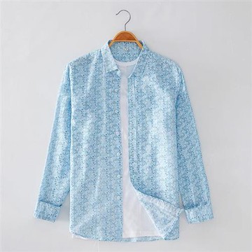 【米蘭精品】亞麻襯衫長袖上衣-清新透氣印花男裝74ew15