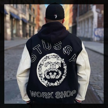Stussy x Denim Tears x OUR LEGACY刺繡 棒球外套 拼接外套 皮袖外套 夾克