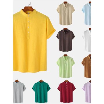 2023外貿新款夏季純色立領短袖襯衣休閑大碼美式襯衫Men's Sh