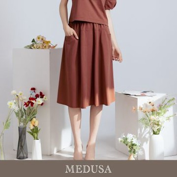現貨【MEDUSA 曼度莎】棕橘氣質鬆緊口袋休閒中長裙（M-XL）｜休閒裙 鬆緊腰 口袋設計