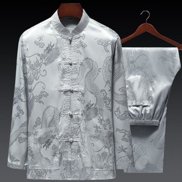 桑蠶絲唐裝男士中老年長袖真絲綢中國風冰絲爸爸老年人夏裝爺爺裝