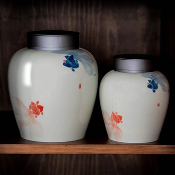 手繪年年有余茶葉罐陶瓷密封罐復古禪意茶具茶倉小號高端送禮茶道