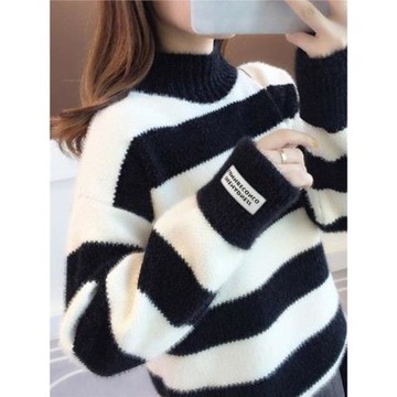仿貂絨半高領加絨加厚秋冬新款毛衣女保暖條紋寬松套頭打底針織衫