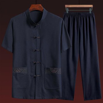 夏季上新中國風式短袖套裝刺繡襯衫唐裝休閑立領薄款金絲盤扣漢服