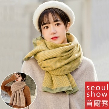 Seoul Show首爾秀 人字格紋針織加厚仿羊絨圍巾披肩