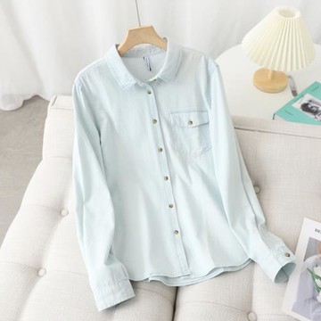 淺藍色牛仔襯衫女新款春秋洋氣寬松修身顯瘦休閑疊穿柔軟長袖上衣