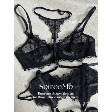 Soiree Mo 偏執* 黑色高級睫毛蕾絲性感文胸套裝女