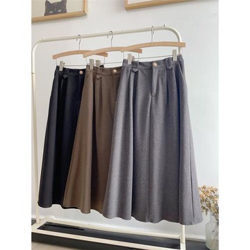 棕色半身裙女秋冬傘裙2024新款高腰百褶裙高端氣質中長a字毛呢裙