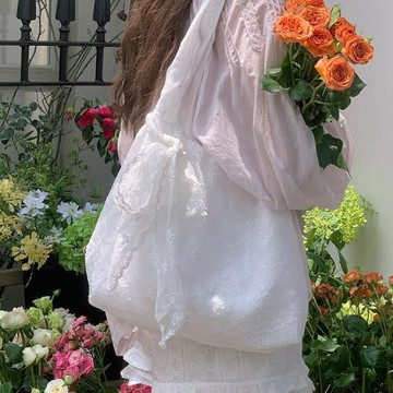 韓系小清新蕾絲花朵帆布包女大容量溫柔仙女單肩托特包通勤腋下包