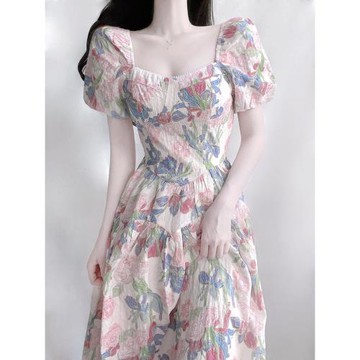 法式油畫碎花連衣裙女夏2025新款高級感小個子海邊度假雪紡長裙