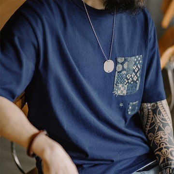 馬登工裝 植物藍染古布拼接口袋T恤美式復古indigo純棉上衣男夏季