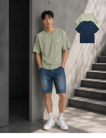【鋼鐵吸排T】極簡機能線條口袋短T(嫩綠)-男