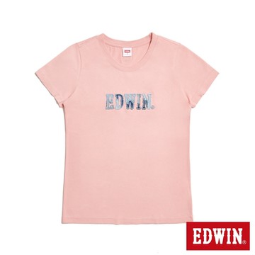 EDWIN 女裝 拼布LOGO短袖T恤-淡粉紅