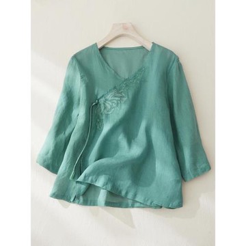 中國風復古斜襟流蘇棉麻刺繡襯衫女夏季寬松V領五分袖小衫上衣薄