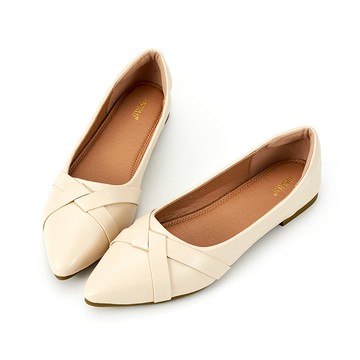 [網路獨家]交錯扁帶尖頭平底鞋 米杏色