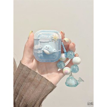 啟乾 藍色立體鯨魚鏈條掛繩Airpods3耳機保護殼套2pro二三代新款適用蘋果無線藍牙透明硅膠軟殼可愛卡通夏天
