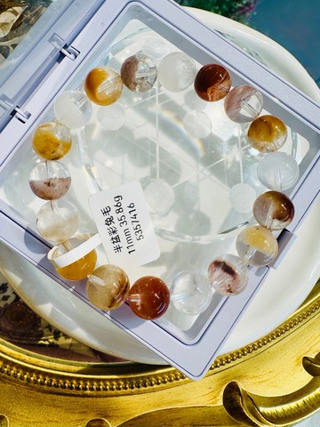 天然暖色木調玻璃體半盆彩兔毛水晶11mm35.86g消除負面能量