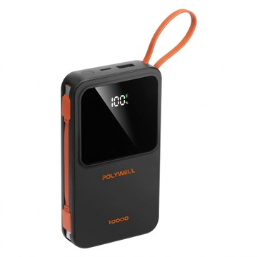 POLYWELL 寶利威爾 自帶線數顯行動電源 10000mAh Type-C/蘋果線 USB/Type-C孔  黑色  DDS016-01A