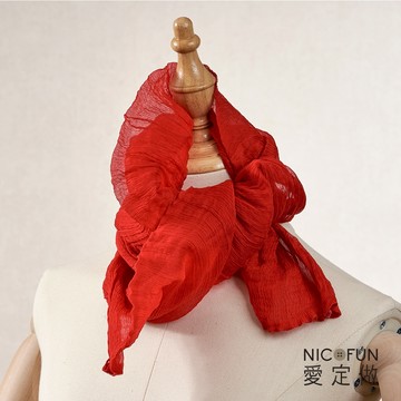 NicoFun 愛定做 魅力68 柳葉絲 亮紅圍脖(四季可戴 領巾 紅色 圍巾 真絲圍脖 素色頸巾 桑蠶絲巾 皺褶絲巾)