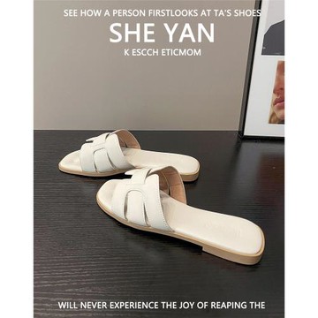 羊皮版~露趾平底一字拖女款2025春季新款百搭時尚沙灘防滑涼拖鞋