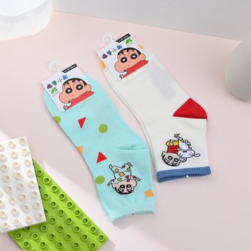 蠟筆小新少女襪2雙入-米白+滿版綠22-26cm