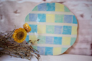 手繪菱格紋陶盤 夏涼系列 16cm 花皿 點心盤 圓皿