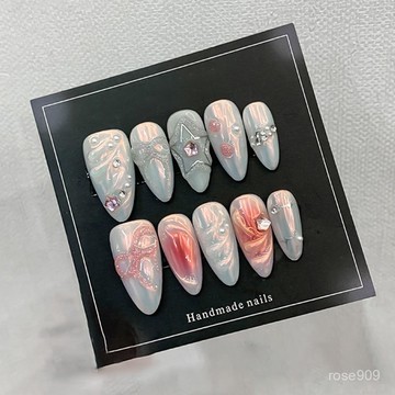 ✨Hannah✨熱銷歐美3D立體鵰花款杏仁甲純手工穿戴甲可拆卸甲片美甲純手工穿戴甲 9GPN