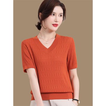桑蠶絲針織衫t恤短袖女夏季薄款v領上衣鏤空小衫雞心領冰絲打底衫