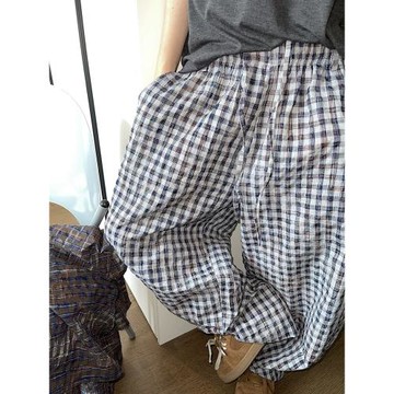 dannyandzee夏季復古百搭漸變色彩繪泡泡格子長褲直筒褲男休閑褲