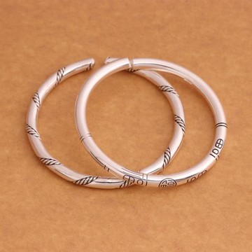 足銀999亮面福字絞絲開口手鐲圓棍實心純銀手環