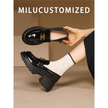 2025春季新款真皮厚底英倫風小皮鞋一腳蹬單鞋粗跟凱旋門樂福鞋女