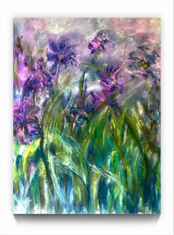 在畫佈板上製作的鳶尾花粉彩畫