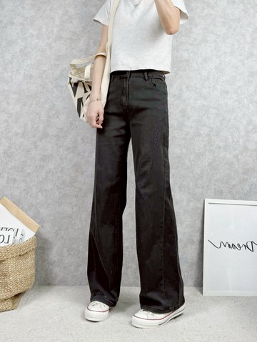 早春碳黑刷色薄料寬褲推薦★前3D修飾車線修飾拉長腿型