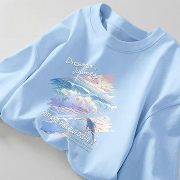 [在臺現貨！當天出】短袖上衣 日韓係女裝 夏季服飾  衣服女夏天  大尺碼上衣  ovsize t恤 粉藍海洋印花t恤