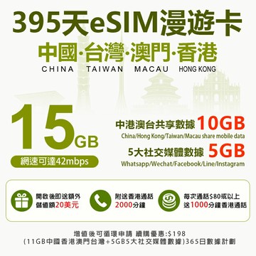 395日 中國、台灣、澳門、香港 85GB 上網卡 年卡 漫遊數據 即插即用 漫遊SIM卡