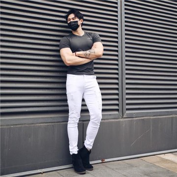 BEESTRONG歐美街頭牛仔褲男潮流健身彈力破洞修身小腳百搭運動褲