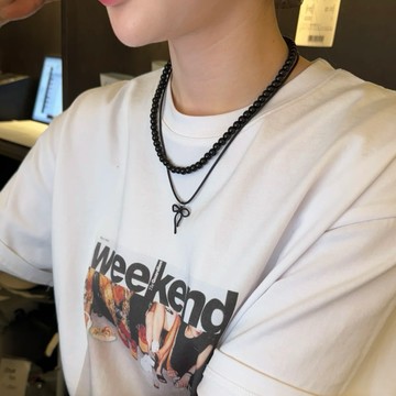 G380現貨-韓系黑色蝴蝶結串珠疊戴項鍊女小眾簡約高級感鎖骨鏈時尚百搭頸鏈